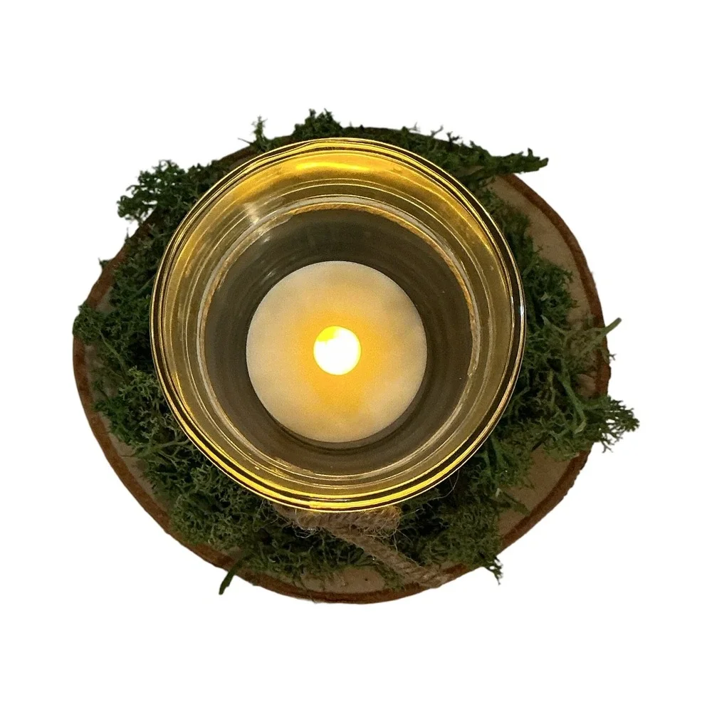 Handmade Rustic Birch Wood Moss Candle Holder LED Tea Light 4.5in Woodland Decor